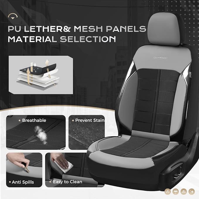 Coverado Air Mesh Seat Cover, Car Seat Cover Front Seats, 3D Breathable Seat Protectors Sports Carbon Fiber Design Airbag Compatible Comfort Universal for Most Cars, Van,Trucks, SUV, Black&Grey