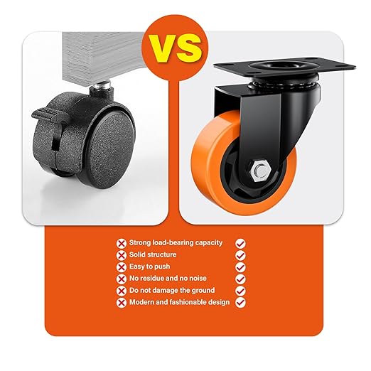 3" Swivel Plate Casters Set of 24 Heavy Duty 1000 lbs | Orange PU, Non-Marking, Quiet. 1000 Lbs/4 Casters. No Brake - Continuous Rolling. Black Rustproof Bracket. Workshop, Garage