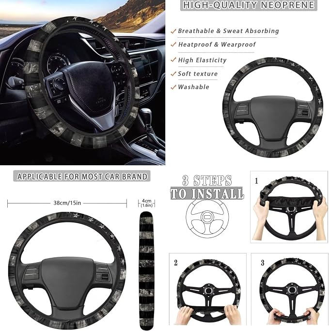 KEIAHUAN 11 Pcs Car Seat Covers Full Set for Men American Flag Deer Camo Hunting with Handbrake and Gear Shift Knob Cover,Headrest Cover, Coasters,Non-Slip Car Steering Wheel Cover,Coasters