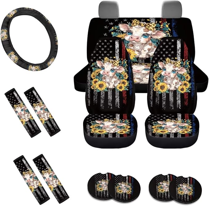 Cow Sunflower American Flag Print Car Accessories Pack of 13, Car Front and Rear Seat Covers Set of 4, 1 Steering Wheel Cover, 4 Wear Resisting Safe Belt Pad, 4 Cup Coasters for Women Men