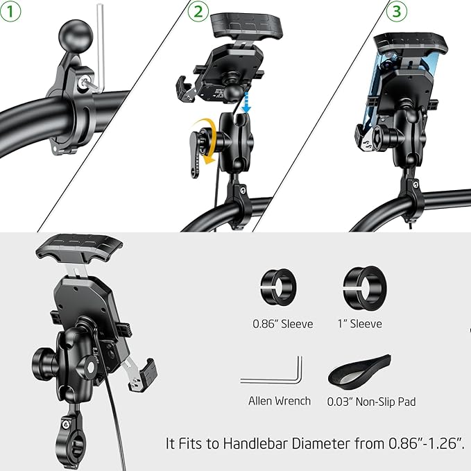 iMESTOU Anti-Theft Motorcycle Wireless Phone Mount Charger 15W & USB C 3A Handlebar 1" Ball Phone Holder Works with 12V/24V Vehicle/USB A Socket 720 Rotation Quick Charge for 4.0-7.0" Cellphones