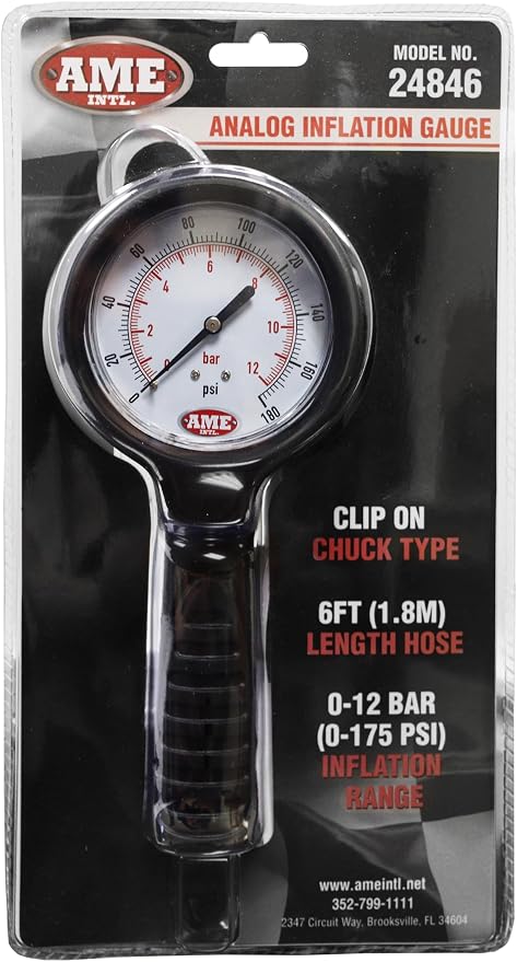 AME INTL Analog Tire Inflator and Gauge - 6ft Hose with Brass Clip on Chuck - Tire Inflator 0-175 PSI