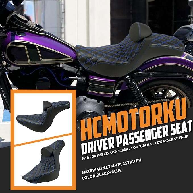 Motorcycles Driver Passenger Seat Cushion Pad One-Piece Seat Leather Pillion with Driver Backrest Fit for Harley Softail Low Rider FXLR FXLRS Sport Glide FLSB 2018-Up (Blue Stitching)