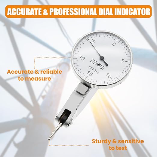 0.0005" Dial Indicator Brass Test Indicator with 7 Jewels Bearings Accuracy 0.0004 Big Face Imperial Dial Indicator for Machinist Engineer Inspection Measurement (Model 201-0066)