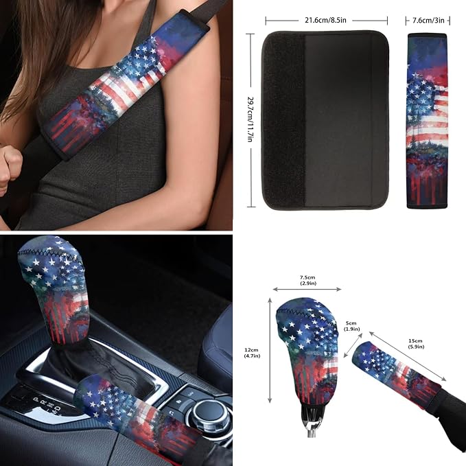 Wanyint Car Seat Cover Set 12 PCS, with Steering Wheel Cover Seat Belt Armrest Handbrake Gear Shift Knob Cover Set Coasters Auto Accessories, Watercolor American Flag Forest