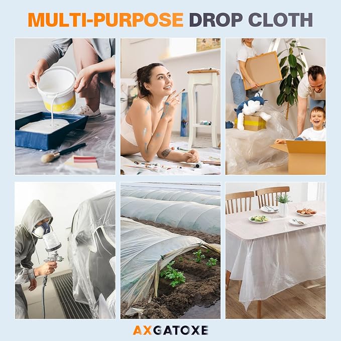 12 x 9 Ft Plastic Drop Cloths (3-Pack) - Disposable Painter's Sheeting & Tarps for Painting, Waterproof Furniture/Couch/Floor Protection