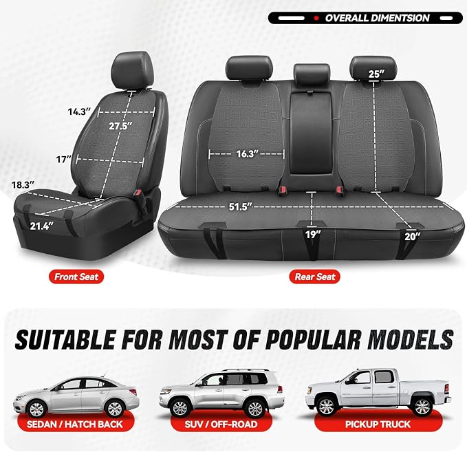 Auto Dynasty Car Seat Covers Full Set, Anti-Slip Automotive Interior Covers, Breathable and Comfort Car Seat Protectors, Airbag Compatible, Universal Fit Most Vehicles, Dark Gray (Protex Series)