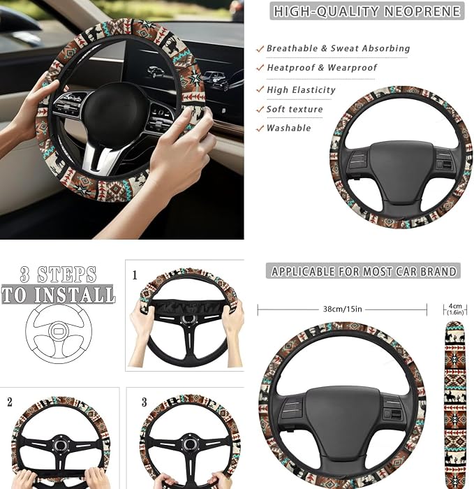 Western Cowboy 12 Pieces Car Seat Covers Full Set Car Center Console Cover Steering Wheel Cover Cars Cup Coasters Gear Lever Cover Hand Brake Cover Suitable for Most Cars,SUV