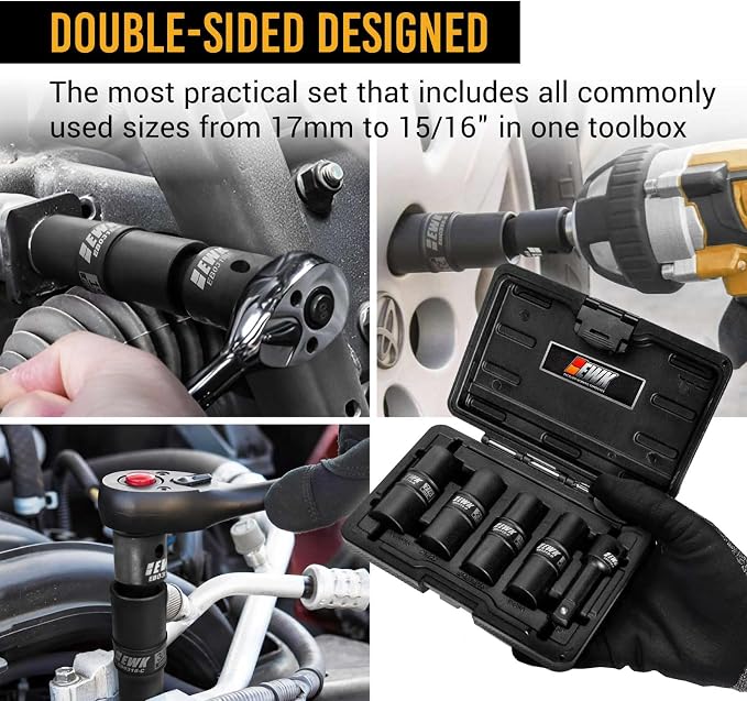 EWK 1/2 in Drive Thin Wall Flip Lug Nut Impact Socket Set, 8-in-4 Metric & SAE Flip Sockets 17mm 19mm 21mm 22mm 3/4", 13/16", 7/8", 15/16" with 3" Extension Bar for Wheel & Tire Service