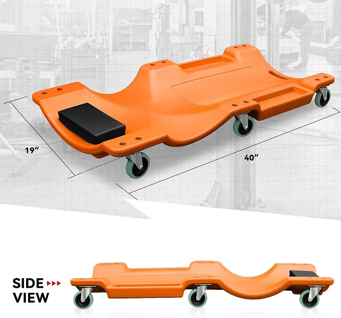 Auto Dynasty 40 Inches Mechanic Creeper, Automotive Garage Repair Low Profile Under Car Rolling Creeper with Padded Headrest, Plastic, Orange