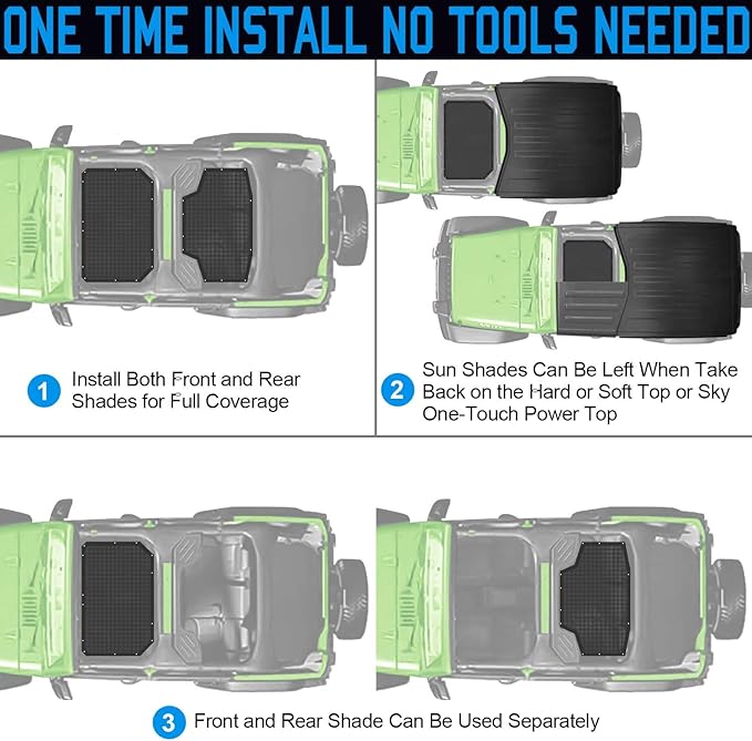JK Sun Shade Top Compatible with Jeep Wrangler 4 Door 2007 to 2018 Sunshade Sunroof Bikini Cover Blocks UV Wind Noise Black Mesh for Front and Rear 2 pcs
