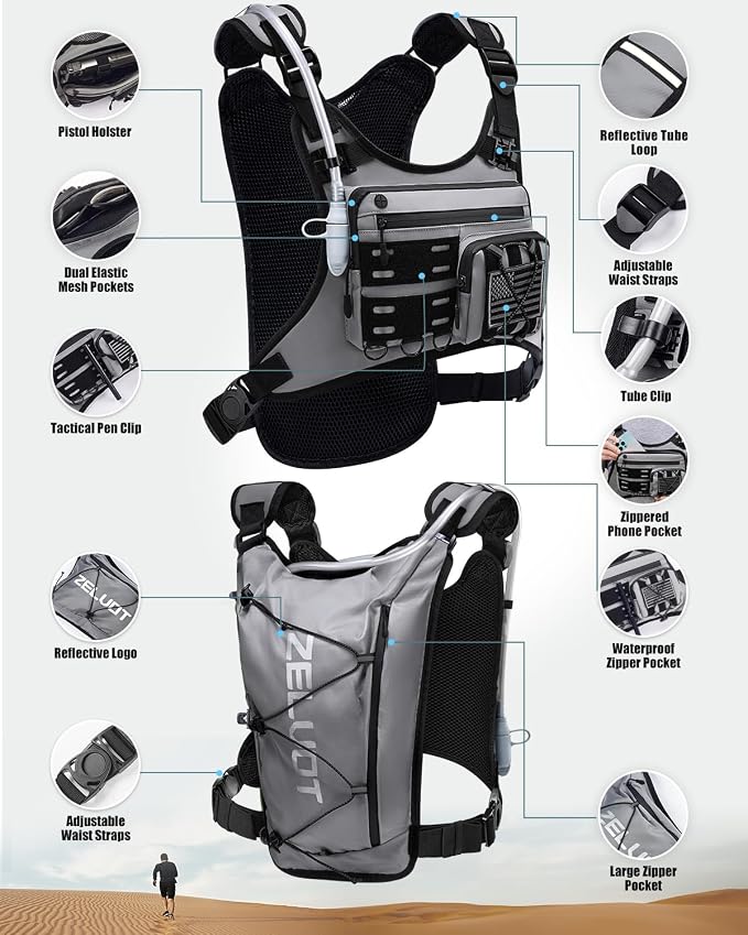 Zelvot Running Vest with 2L Water Bladder, Hydration Backpack, U.S. Design Patent, Lightweight Hydration Pack with Gear Holder, Reflective Chest Pack for Men Women