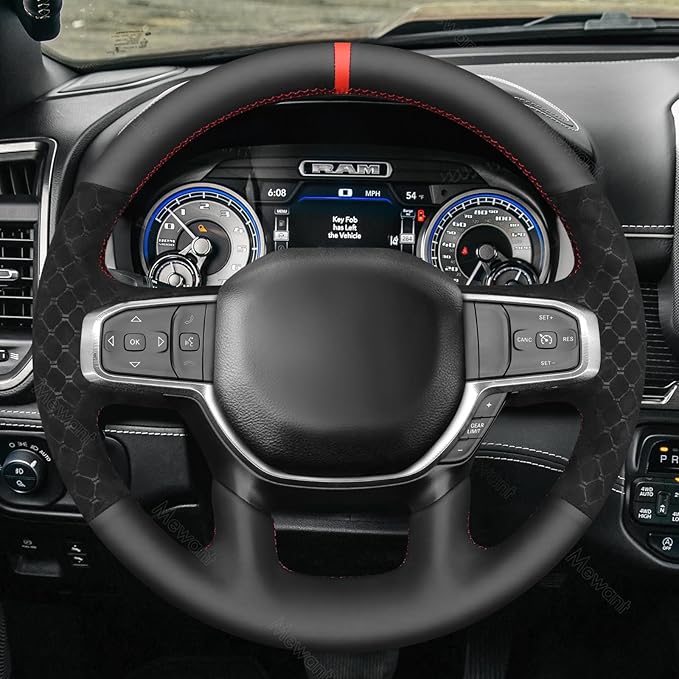 MEWANT Hand-Stitched Steering Wheel Cover Wrap for Dodge Ram 1500 2019-2023 Steering Wheel Accessories for Dodge Ram(Backsides Without Buttons)