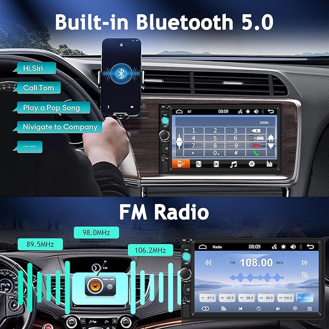 NHOPEEW 7 inch Double Din Car Stereo with Backup Camera, 2 Din Touch Screen Radio with Carplay & Android Auto, Bluetooth 5.0, Share Same Video, Calendar Viewing, Mirror Link, SWC + Rear View Camera
