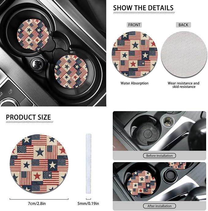 Wanyint Car Seat Cover Full Set 12 PCS, with Steering Wheel Seat Belt Cover Armrest Pad Coasters Handbrake Gear Shift Knob Set 4th of July Auto Accessories Decor, Vintage US Flag Patchwork