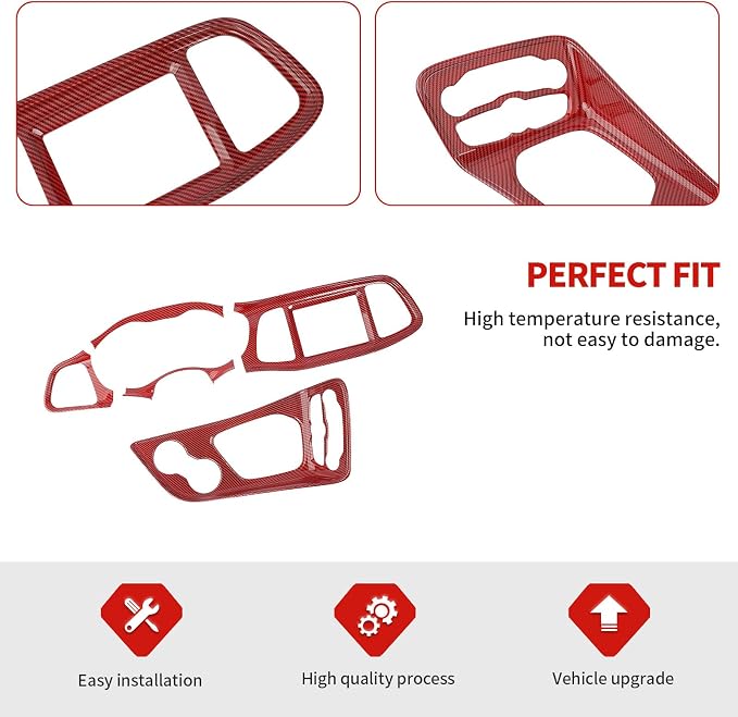 Jimen Fit for Dodge Challenger 2015-2024, 5PCS Center Console Dash Trim Kits Instrument Cluster Panel & Gear Shift Panel Cover (Red Carbon Fiber)