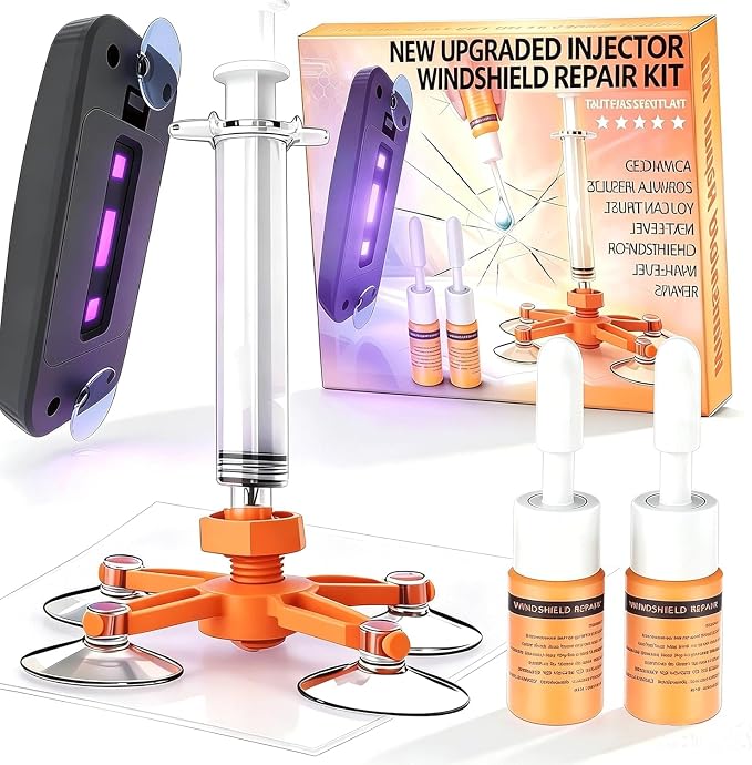 Windshield Repair Kit, Windshield Crack Repair Kit with Suction Cup Curing Light, 2 Pcs Car Glass Repair Kit Quick Fix for Chips & Cracks, Windshield Chip Repair Kit, Automotive Nano Fluid（Orange）