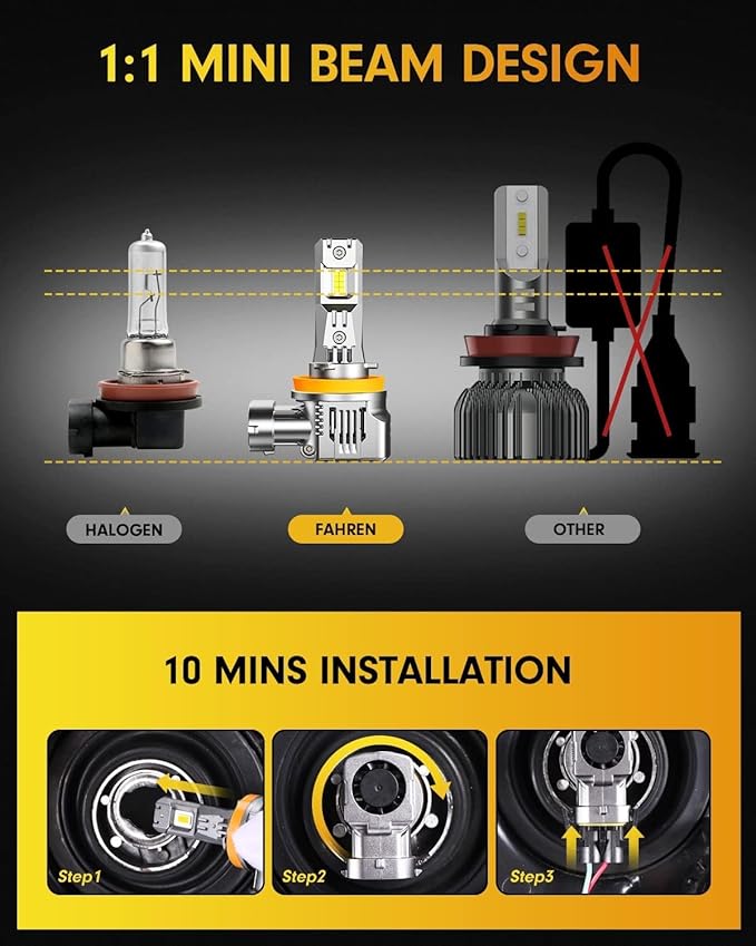 FAHREN Upgraded 9005 9006 bulbs combo, 140,000LM 14X Super Brightness HB3 HB4 Bulb,6500K Cool Wither 1:1 Mini Size Replacement, Plug and Play fog bulbs, Pack of 4