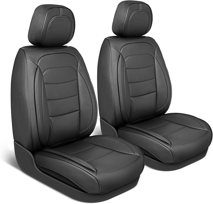 MotorBox Elite Edition Faux Leather Seat Covers for Cars, Trucks, & SUV - 2 Black Car Seat Covers for Front Seats - Universal Fit Car Accessories Automotive Interior Cover Protector for Most Vehicles