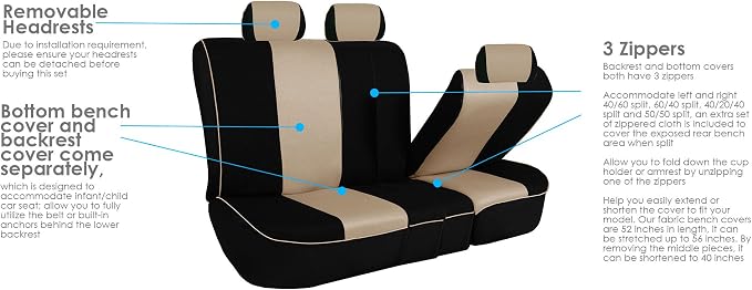 FH Group Automotive Seat Covers Edgy Piping Seat Covers FullBeige Set Interior Accessories,Universal Fit Combo Vinyl Floor Mats Seat Covers Car for Cars and Vans Airbag and Split Rear Automotive