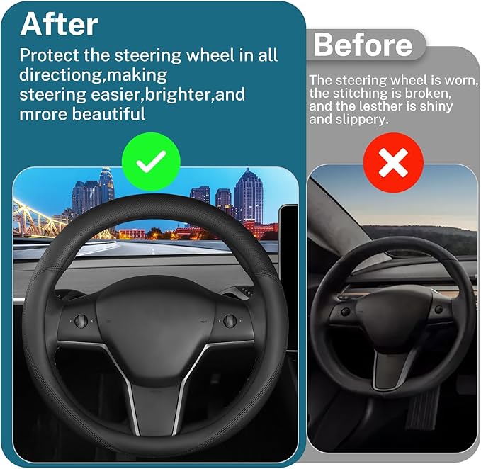 Leather Steering Wheel Cover Custom-Fit for Tesla Model 3/Y 2016-2026, Comfort Grip Design Breathable and Non-Slip, Model 3/Y Car Steering Wheel Protector, Tesla Accessories,Black(A-Style, for Tesla)