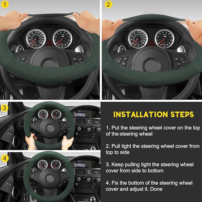 Suede Steering Wheel Cover with Upgraded Silicone Inner Ring, Breathable, Anti-Slip, Leather Universal 14.5 to 15 Inch Steering Wheel Cover (Green with Embossing Pattern)