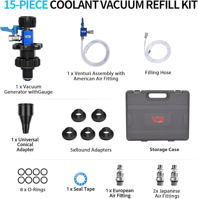 VTG VOGTEN Coolant Vacuum Refill Kit,15PCS Vacuum Coolant Fill Kit with Leak Detector,6 Adapters,Cooling System Vacuum Fill Tool with Dual-Movement Gauge,for Pressure Testing,Leak Detection