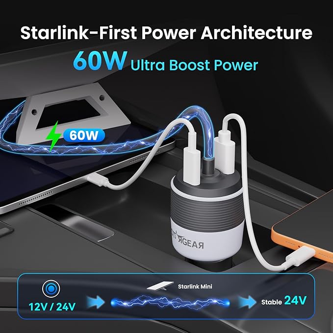 Starlink Mini Car Adapter, 3-in-1 Car Charger for Starlink Mini,12V to 24V DC Step Up Converter with Dual USB Ports, Cigarette Lighter Adapter for Starlink Mini Power Supply,Ideal for RV,Boat