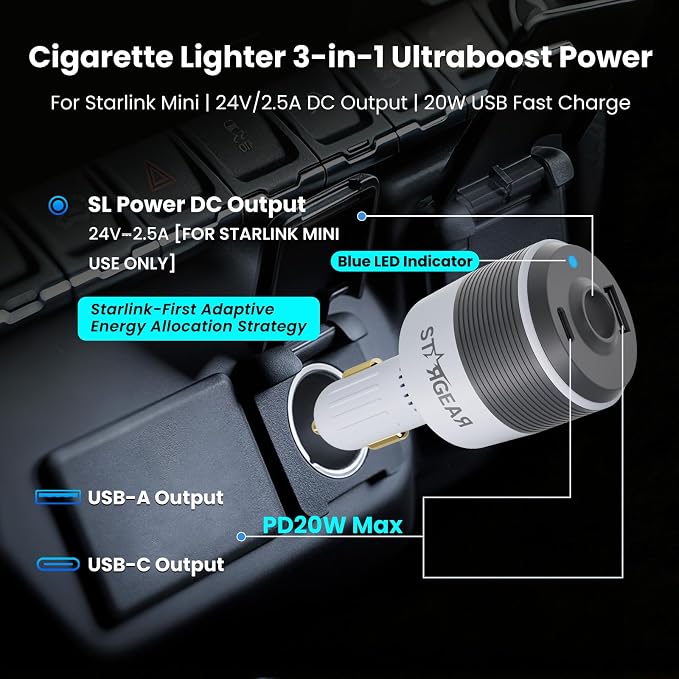 Starlink Mini Car Adapter, 3-in-1 Car Charger for Starlink Mini,12V to 24V DC Step Up Converter with Dual USB Ports, Cigarette Lighter Adapter for Starlink Mini Power Supply,Ideal for RV,Boat