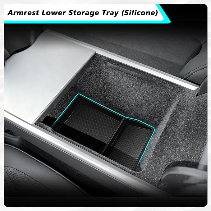 BestEvMod 4PCS Center Console Organizer Compatible with 2026 2025 Tesla Model Y Juniper | Standard Version | Accessories Armrest Storage Tray Cup Holder Wireless Charging Pad (Silicone Bottom Tray)
