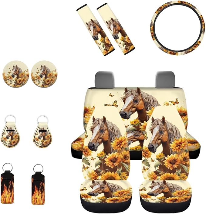 INSTANTARTS Horse Sunflower 13-Piece Seat Cover Set - Women's Seat Belt, Steering Wheel, Coaster, Keychain, Lipstick Covers - Washable Auto Accessories