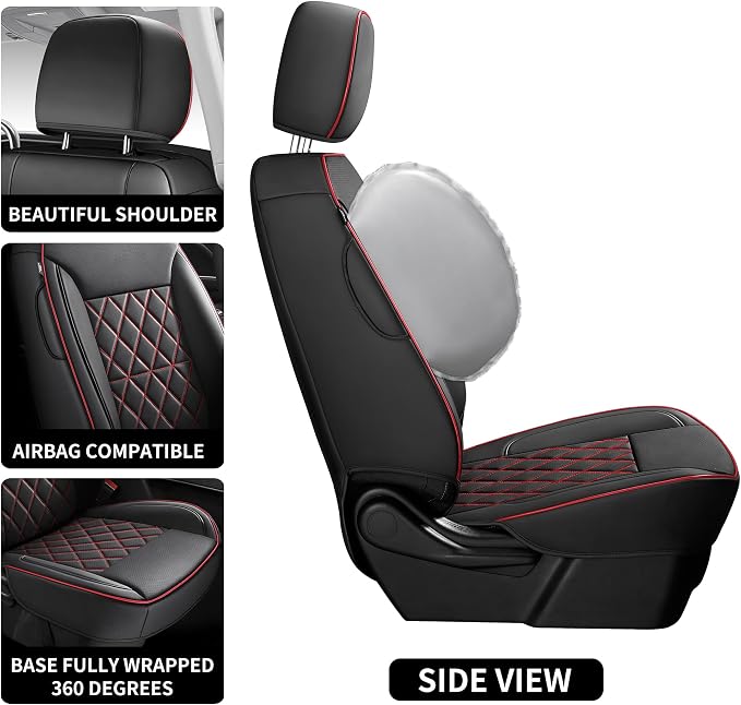 Custom Napa Leather Seat Covers for Chevy Silverado & GMC Sierra Crew Cab, 46-Split Flat Rear Bench Design, Compatible with 2019-2026 1500 and 2020-2026 2500HD 3500HD(Full Set, Black&Red)