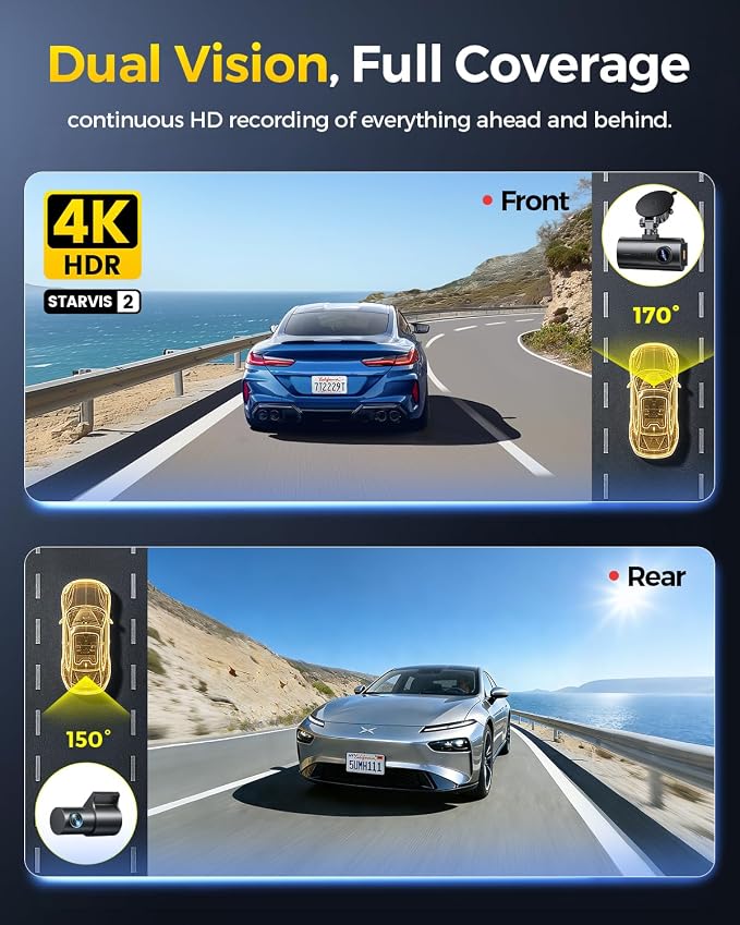 GKU 4K Dual Dash Cam Front and Rear, STARVIS 2 Sensor, 5.8GHz WiFi6 Up to 20MB/s, Voice Control, Dash Camera with GPS, WDR Night Vision, 24H Parking Mode, Loop Recording(No SD Card)