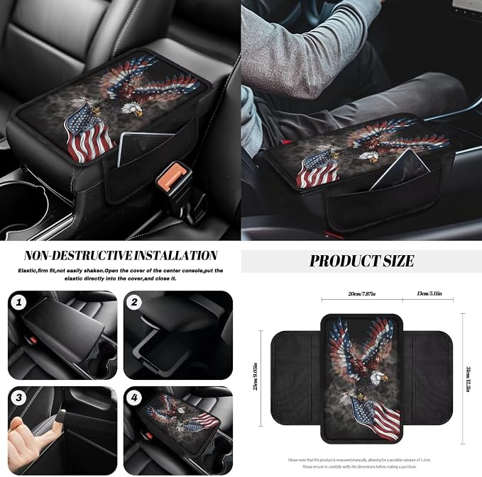 Eagle Print Car Seat Covers Full Set for Men American Flag Print Front and Rear Car Seat Covers with Gear Lever Cover Handbrake Cover Garbage Bag Safety Belt Pads Cup Cushions