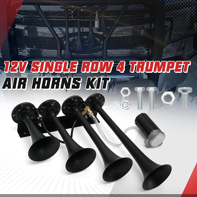 PTNHZ Single Row 4 Trumpet Air Horns Kit w/Air Compressor (No Wiring Harness & Button Switch) 12/24V Super Loud 178dB Universal for Pickup Car Jeep SUV Train Boat(Black)