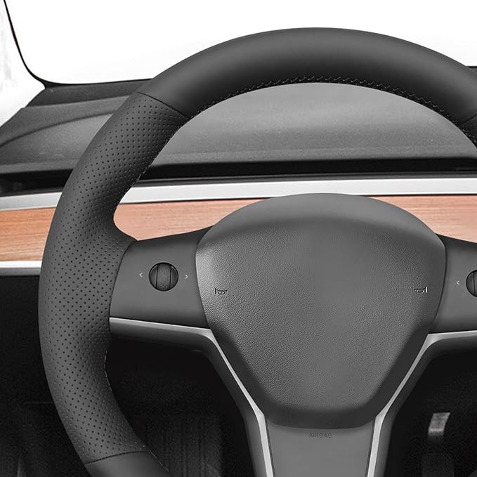 MEWANT Hand Stitch Black Genuine Leather Steering Wheel Cover Wrap for Tesla Model Y 2020-2023 Model 3 2017-2023