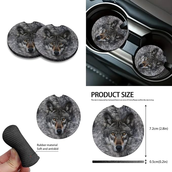 Gray Wolf Pattern 10 Pieces Car Accessories, Auto Seat Covers Full Set Steering Wheel Cover Cup Holders Car Garbage Can Air Vent Storage Bag Keychains Universal Fit for Most Cars