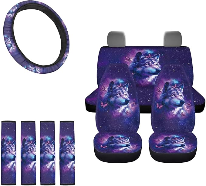 Galaxy Wolf Print Car Seat Covers with Matching Steering Wheel Cover 4 Pcs Seat Belt Pads Butterfly Print Auto Seat Protector Universal Auto Interior Accessories, Purple