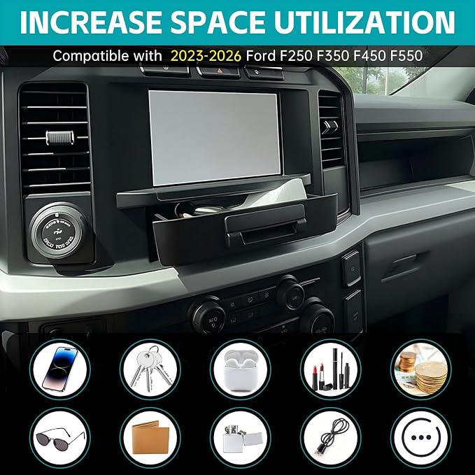 Storage Drawer Tray for 2023-2026 [8-inch Screen] Ford F250 F350 F450 F550 Super Duty XL/XLT Accessories, Center Console Organizer Cubby Drawer Hidden Insert Extra Storage Box Compartment