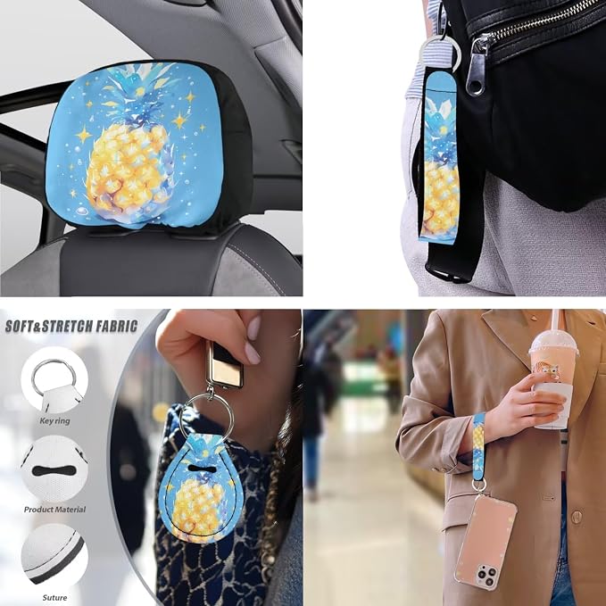 Pineapple 13 Pcs Car Seat Covers Full Set, Galaxy Fruit Auto Front and Rear Bench Seat Protector, Yellow Tropital Fruit Steering Wheel Sleeve Auto Armrest Cover