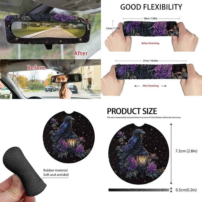 Floral Raven Car Aaccessories Full Set of 15 Pcs, Goth Car Seat Covers Set with Rear View Mirror Cover,Steering Wheel Covers,Car Trash Can with Lid for Women Man,Universal Fit