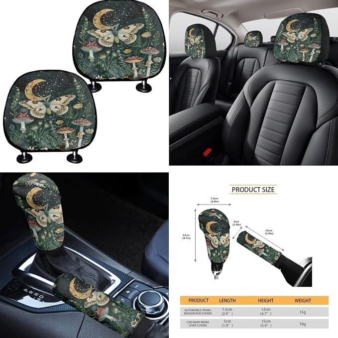 Moon Mushroom Moth Car Seat Covers Full Set for Women Retro Car Accessories Seat Cover with Steering Wheel Cover Seatbelt Pad Coasters Garbage Bag Car Headrest Pillow Covers Armrest Pad