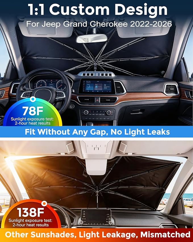 Weektic Custom Windshield Sun Shade Umbrella for Jeep Grand Cherokee 2022-2026, [Double Thickened Ice Crystal Coating] Sun & Heat Protection, Keep Vehicle Cool & Protect Interior