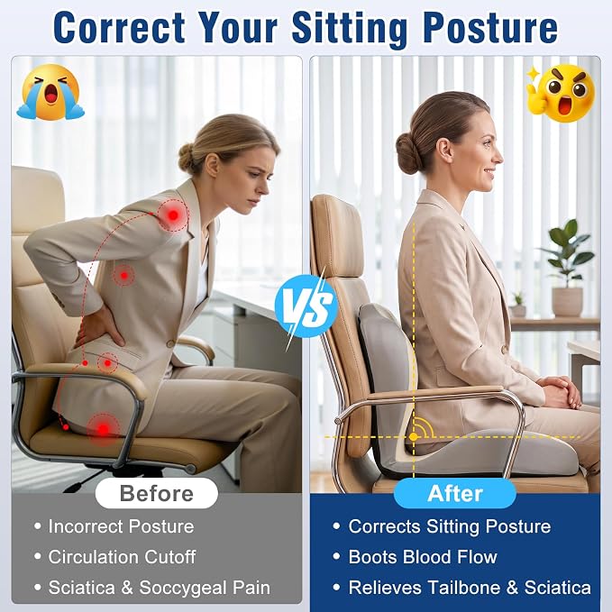 Car Seat Cushion with Lumbar Support Pillow, Memory Foam Office Chair Cushion for Back Pain Sciatica Pain Relief, Ergonomic L-Shaped Seat Cushion for Car Truck Driving Office Chair Home (White Gray)
