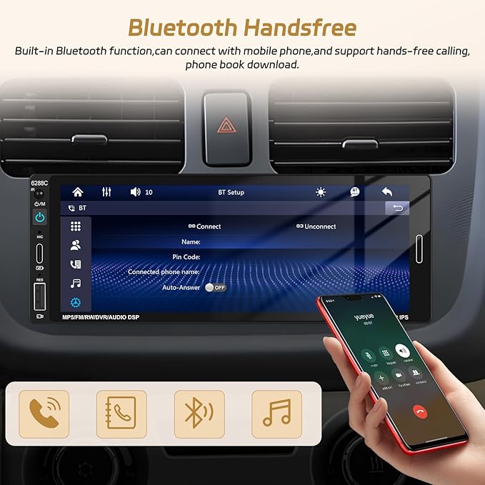 6.86 Inch Wireless CarPlay Car Stereo, Touch Screen Android Auto Radio with Mirror Link, Single Din Bluetooth 5.0 Audio Receiver with FM/RDS, EQ, Power-Off Memory,TF/USB/SWC + Rear View