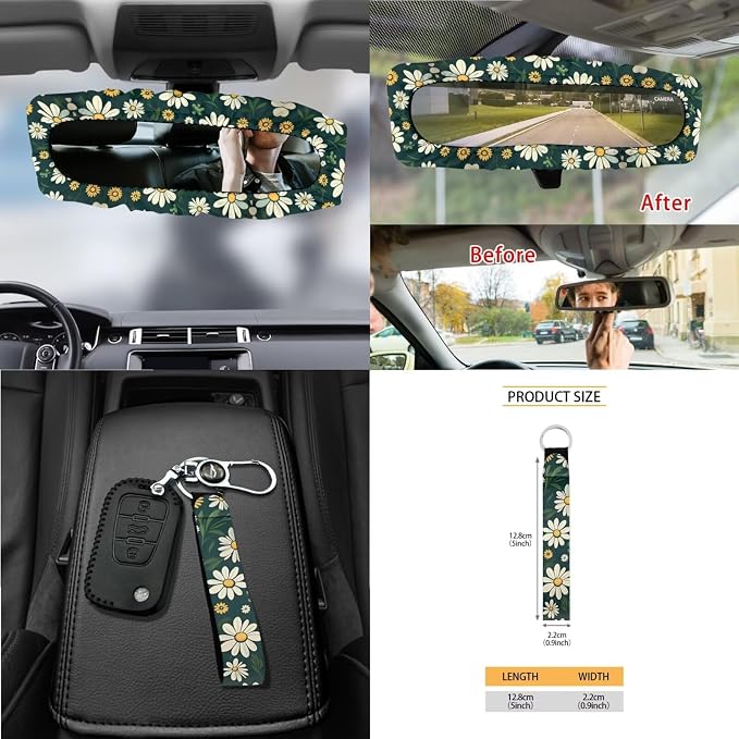 Daisy Print Car Seat Cover Sets for Women Full Set, Universal Front and Rear Split Bench Seat Cover with Steering Wheel Cover Safety Belt Pads Garbage Bag Car Air Vent Organizer