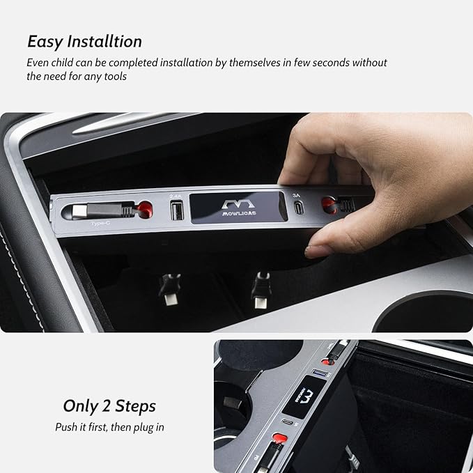 Silver Gray USB Hub for Tesla Owners, 2 USB C Retractable Fast Charging Cables for iPhone 15, is Necessary Tesla Tesla Model 3/Y Accessories (2024-2021) but not Highland or Juniper Compatible