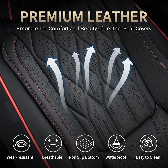 FLORICH Car Seat Covers Front Pair Luxury Faux Leather Car Seat Cover Automotive Seat Covers 2 Pack Waterproof Car Seat Cushion Protector Universal Fit for Most Cars Sedans Trucks SUV, Black&Red Line