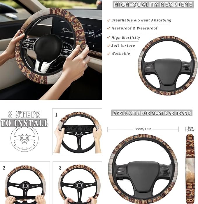Tribal Horse Car Seat Covers Full Set 12 Pcs Car Steering Wheel Cover Center Console Cover Fashion Auto Seat Belt Covers Gear Lever Cover Fit for Most Cars, SUVs