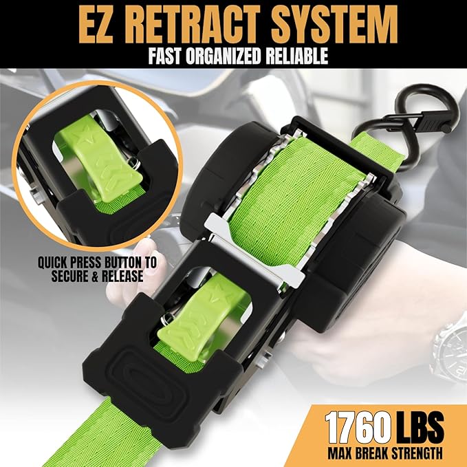 Retractable Ratchet Strap (Neon Green, 4Pack)